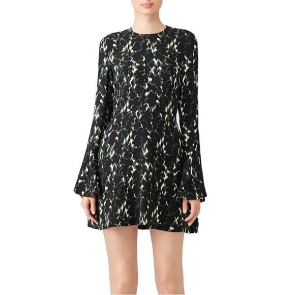 A.L.C Trixie Silk Dress Green Black Printed Bell Sleeve Mini A-Line size 0 - Picture 1 of 10